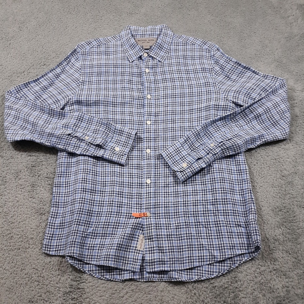 Michael Kors Linen Shirt Mens Large Blue Plaid Button Up Long Sleeve